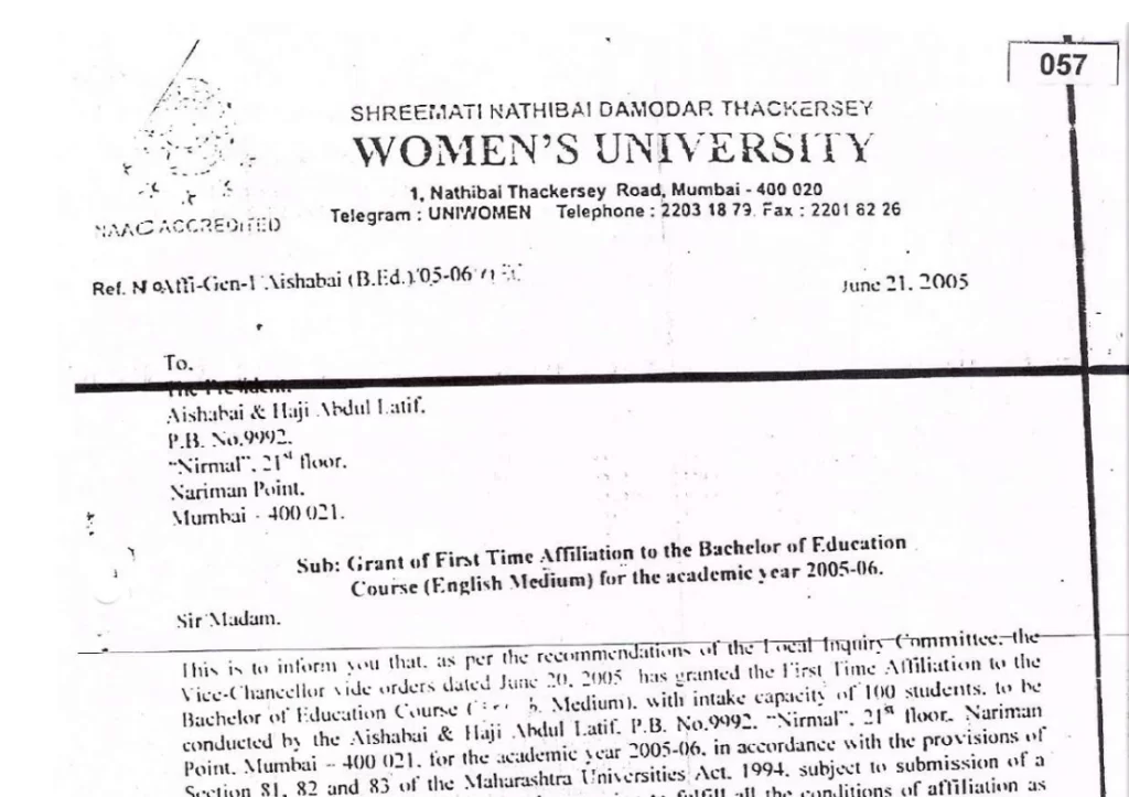 First Time Affiliation Letter of SNDT